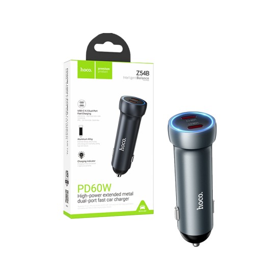 Carregador de Carro Hoco Z54B Prosperous 2 Portas Tipo-C PD60W Cinza metálico